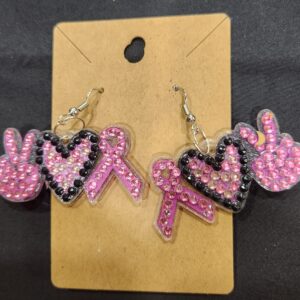 Diamond Art Earring Pink Peace Love Ribbon