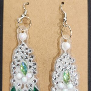Diamond Art Earring White and Green Dangle